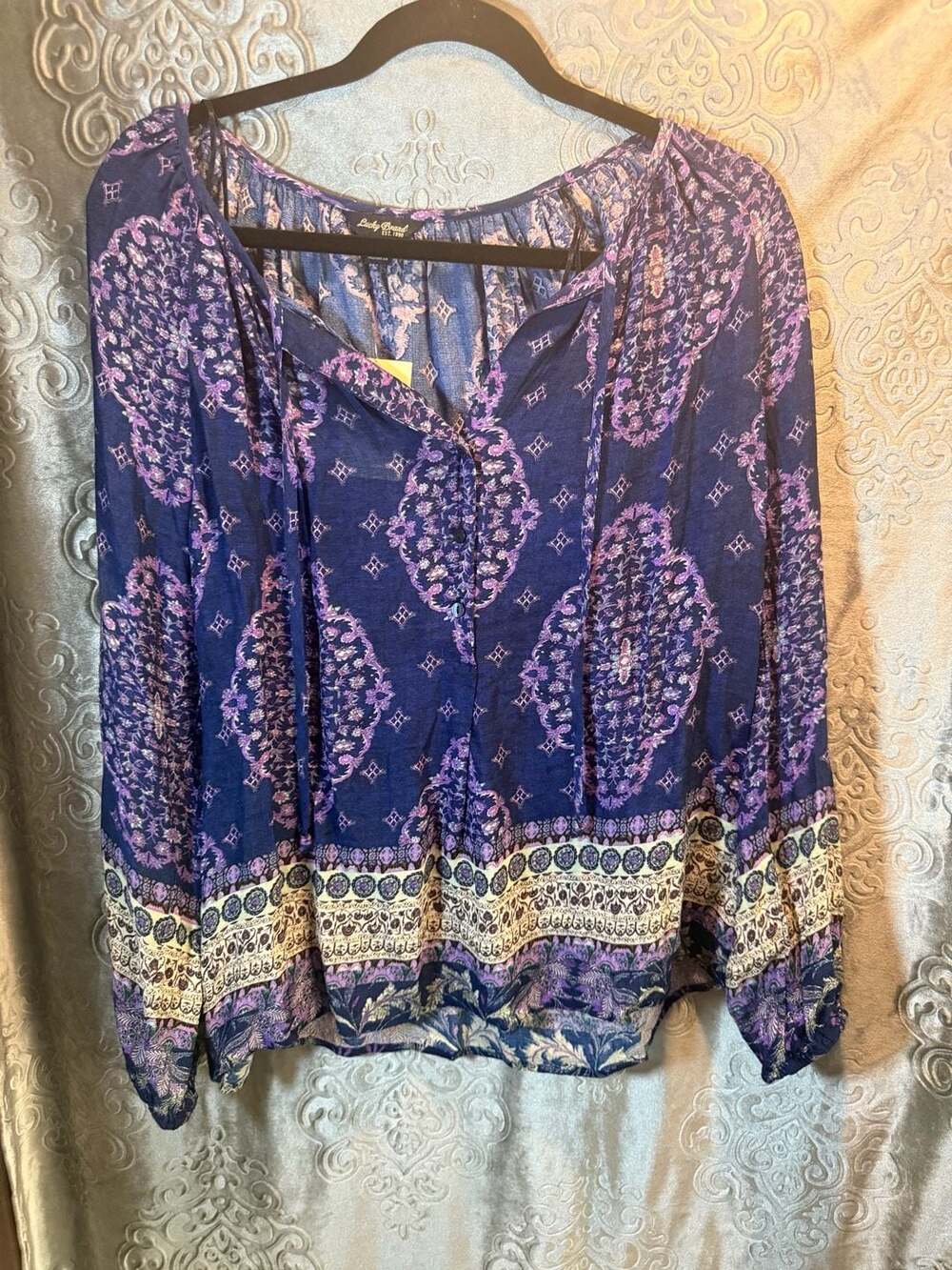 Lucky Brand Navy Purple Paisley Tie Neck Peasant Blouse Size M